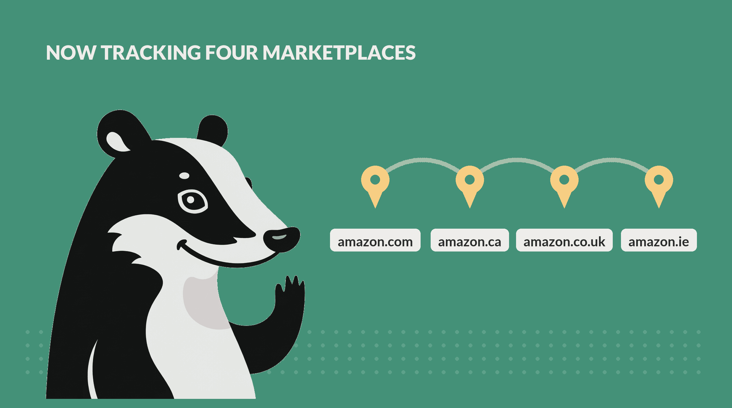 Graphic headed Now tracking four marketplaces, showing four gold map pins joined by dotted arcs and labelled amazon.com, amazon.ca, amazon.co.uk, and amazon.ie, with the Ad Badger mascot waving beside them.