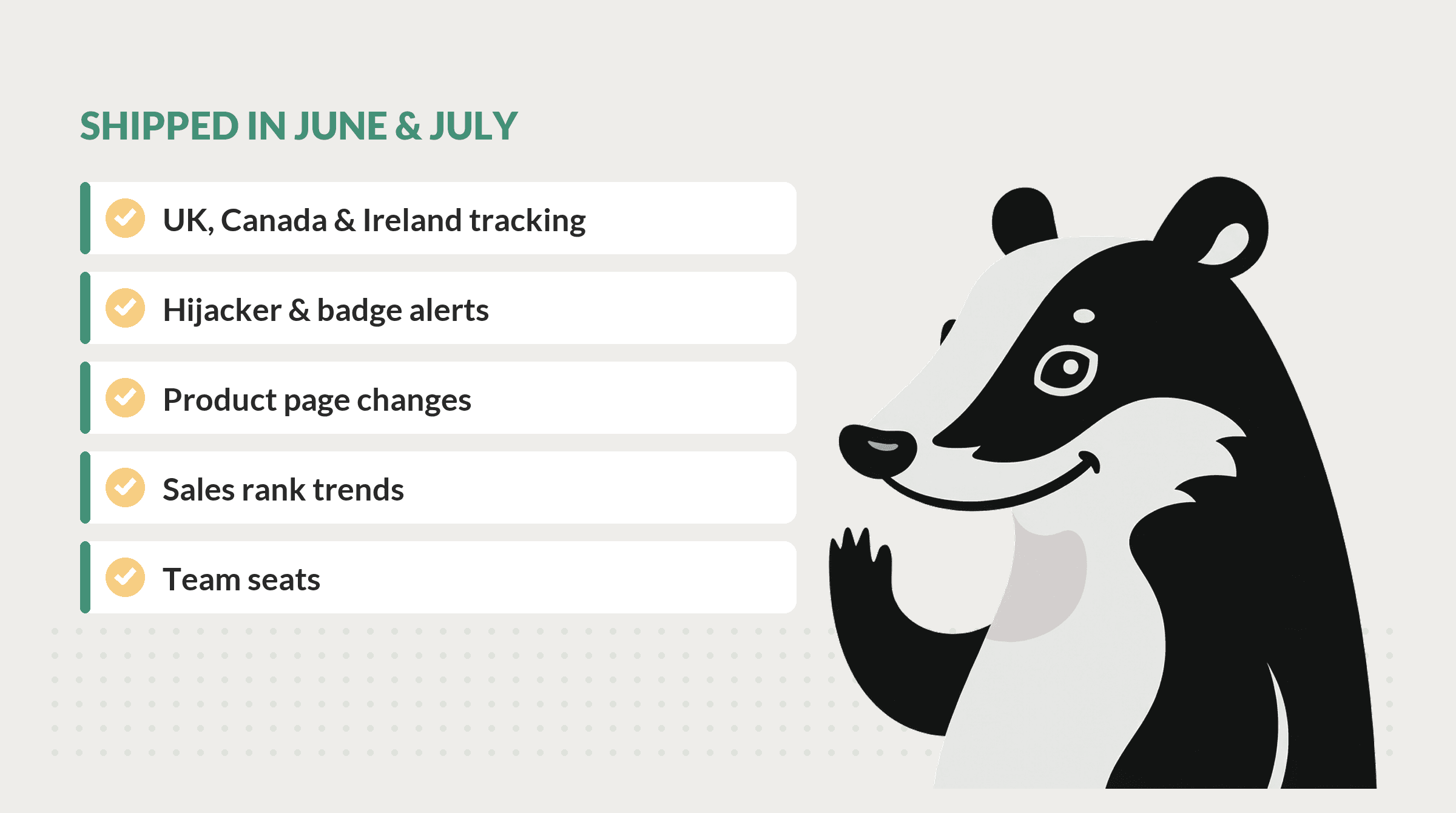 Graphic headed Shipped in June and July, listing five completed items with gold check marks: UK, Canada and Ireland tracking, hijacker and badge alerts, product page changes, sales rank trends, and team seats. The Ad Badger mascot waves alongside the list.