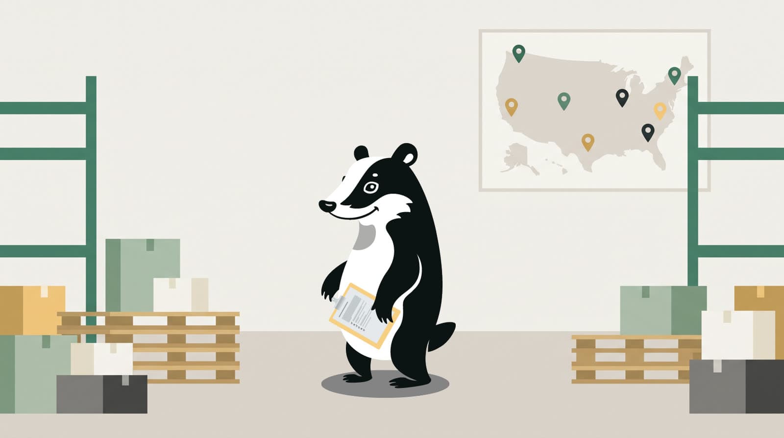 The Ad Badger mascot standing in a warehouse holding a clipboard, with a wall map of the United States showing green, gold, and black stock-status pins