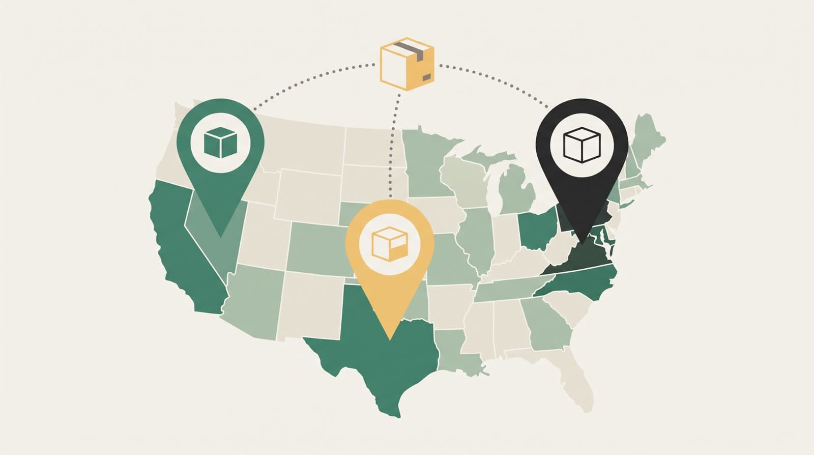 Flat illustration of a US map with three pins for the same product showing three different stock states: in stock, low stock, and out of stock