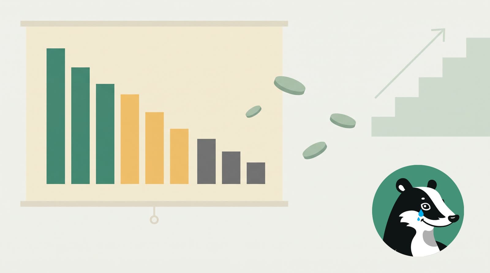 A declining bar chart with coins drifting toward a rising staircase, alongside the Ad Badger mascot shedding a tear
