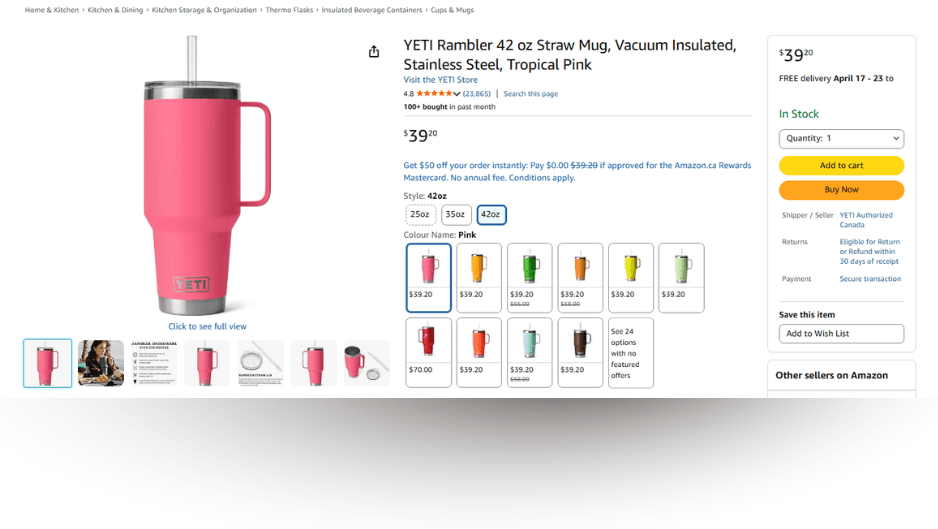 Amazon product page showing the Buy Box with Add to Cart and Buy Now buttons highlighted on the right side