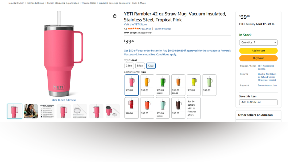 Amazon product page showing the Buy Box with Add to Cart and Buy Now buttons highlighted on the right side